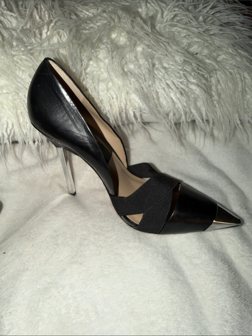 Michael Kors Collection Black Pointed Toe Pumps with Silver Metal Caps - Picture 4 of 8